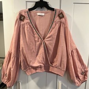 NWT Lucky Brand Hand Beaded Salmon Color Blouse Size L